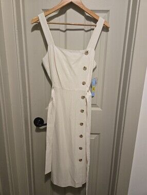 Antonio Melani Ivory & Tan Pinstripe Belted Midi Dress Sz 8 Nwt Msrp $178